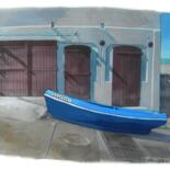 Peinture intitulée "la barque bleu bis" par Rachel Loeffler, Œuvre d'art originale, Aquarelle Monté sur Carton