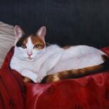 Painting titled "Portrait pet cat 005" by James Shang, Original Artwork, Oil Mounted on Wood Stretcher frame