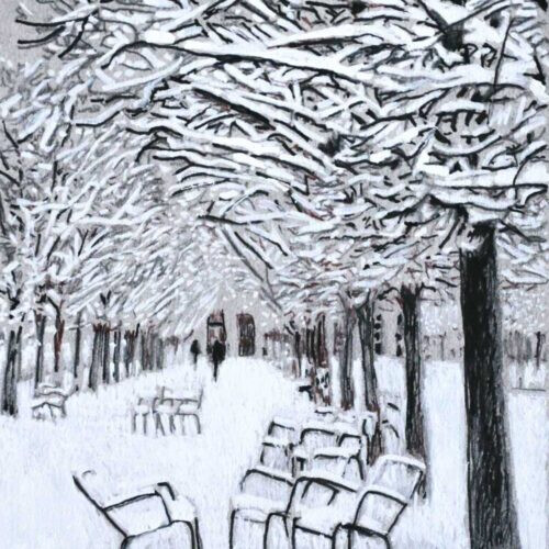 Huile sur toile d'un jardin en hiver par Théodore Bouret