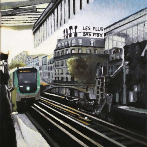 Huile sur toile, le métro arrive à la station Barbes, enseigne Tati en arrière-plan, réalisé par Théodore Bouret