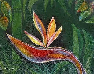 lotus blossom painting acrylic wood BIRD OF PARADISE IN PARADISE,  Copyright Hemu Aggarwal, 2015