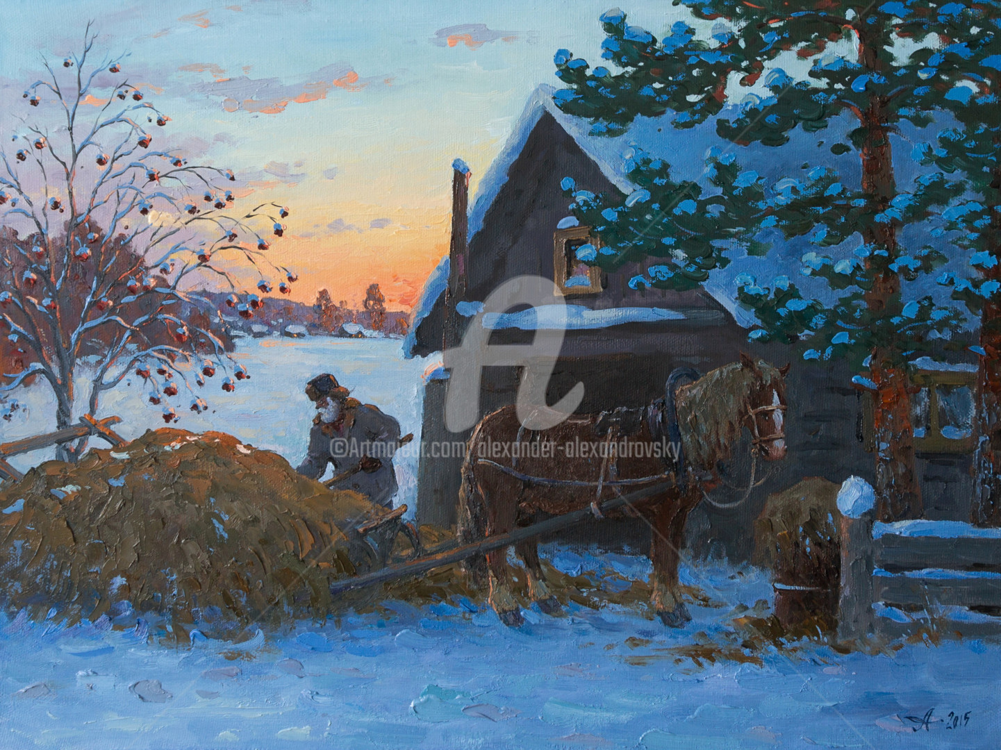 Сани крестьянина. Зимний деревенский пейзаж.