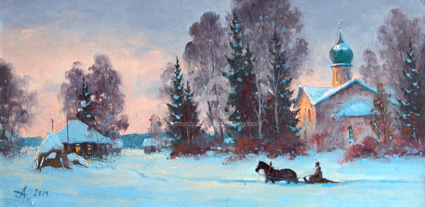 Картина зимний пейзаж с церковью