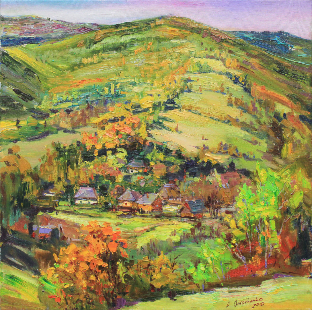 Golden Trees Impressionism Original Oil Canvas Painting byN.Hramova Carpathian Mountains Blue peaks Colourful painting Аutumn Landscape