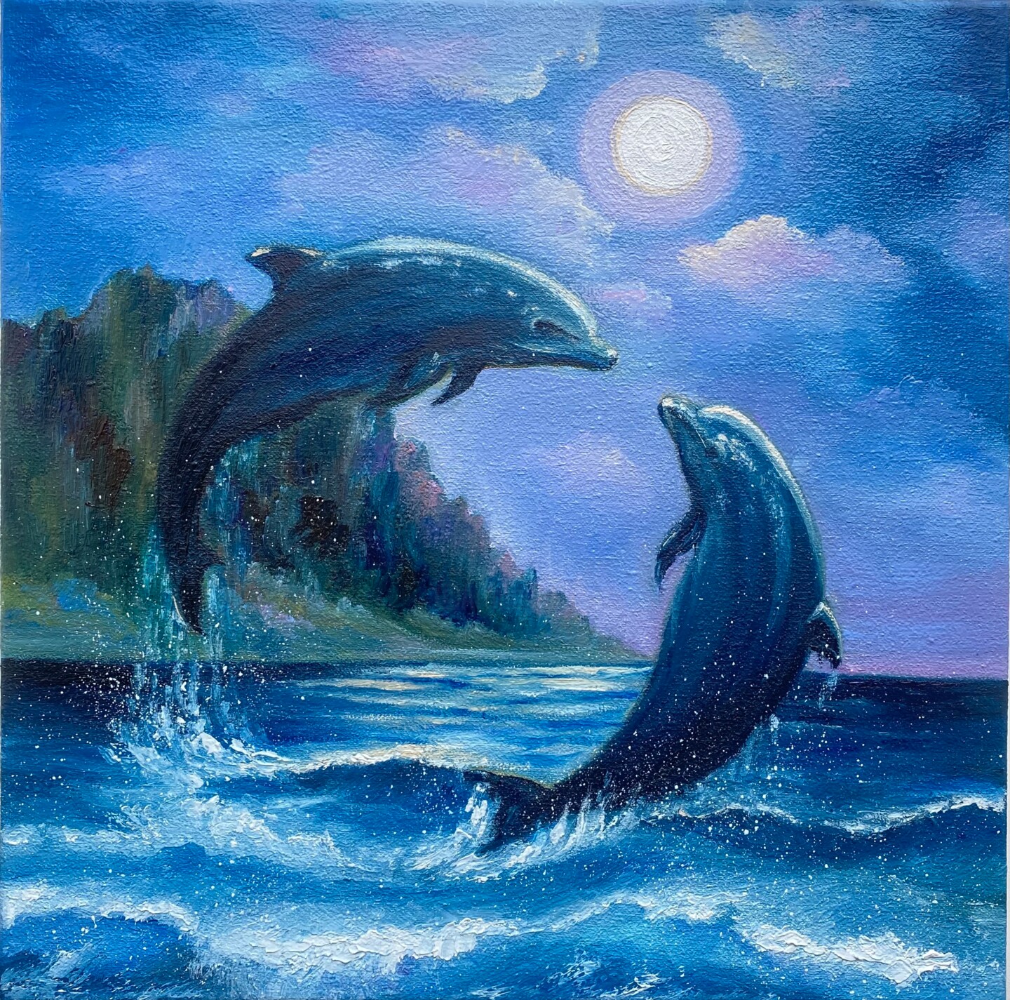 Dolphins Couple Dot Painting Dolphinit, Painting by Olesea Arts