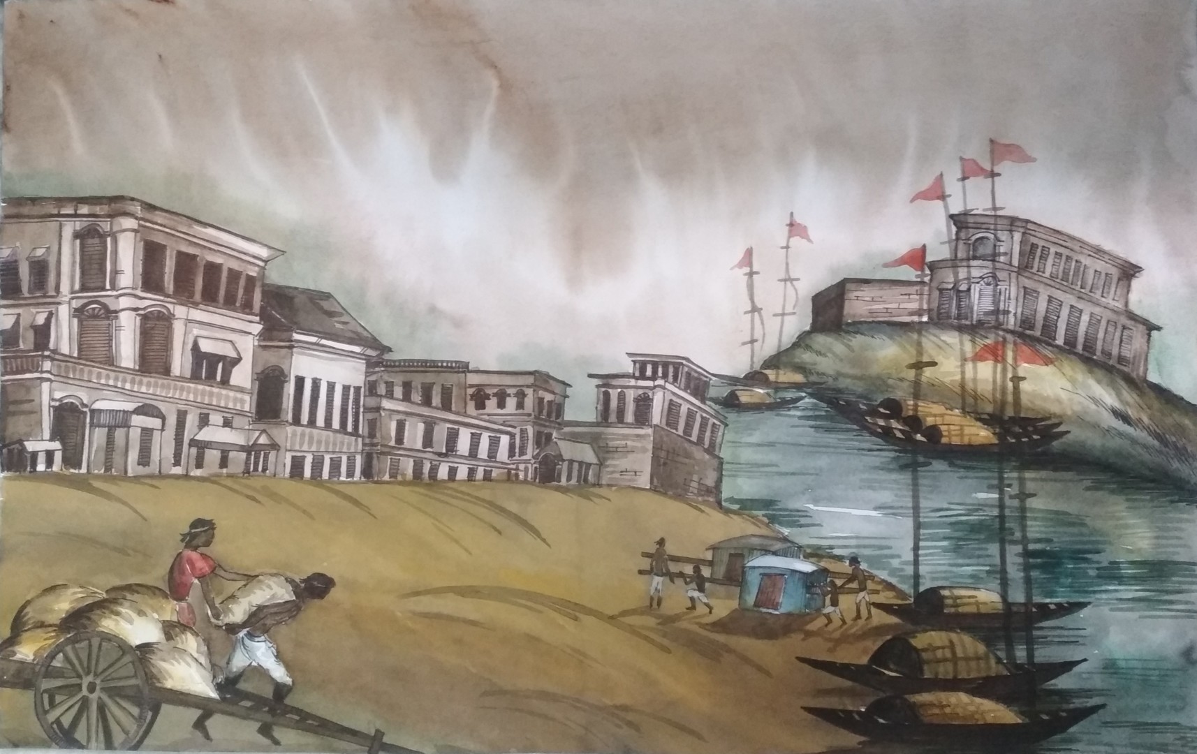 Old Kolkata Bagbazar Ghat, Painting by Anirban Naskar | Artmajeur