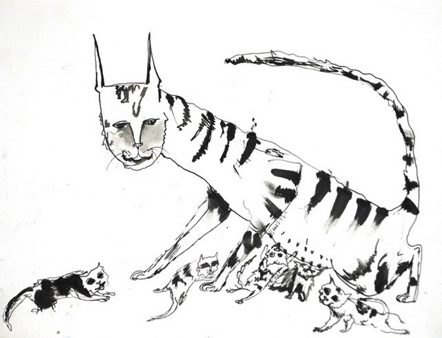Кошка рисунок тушью