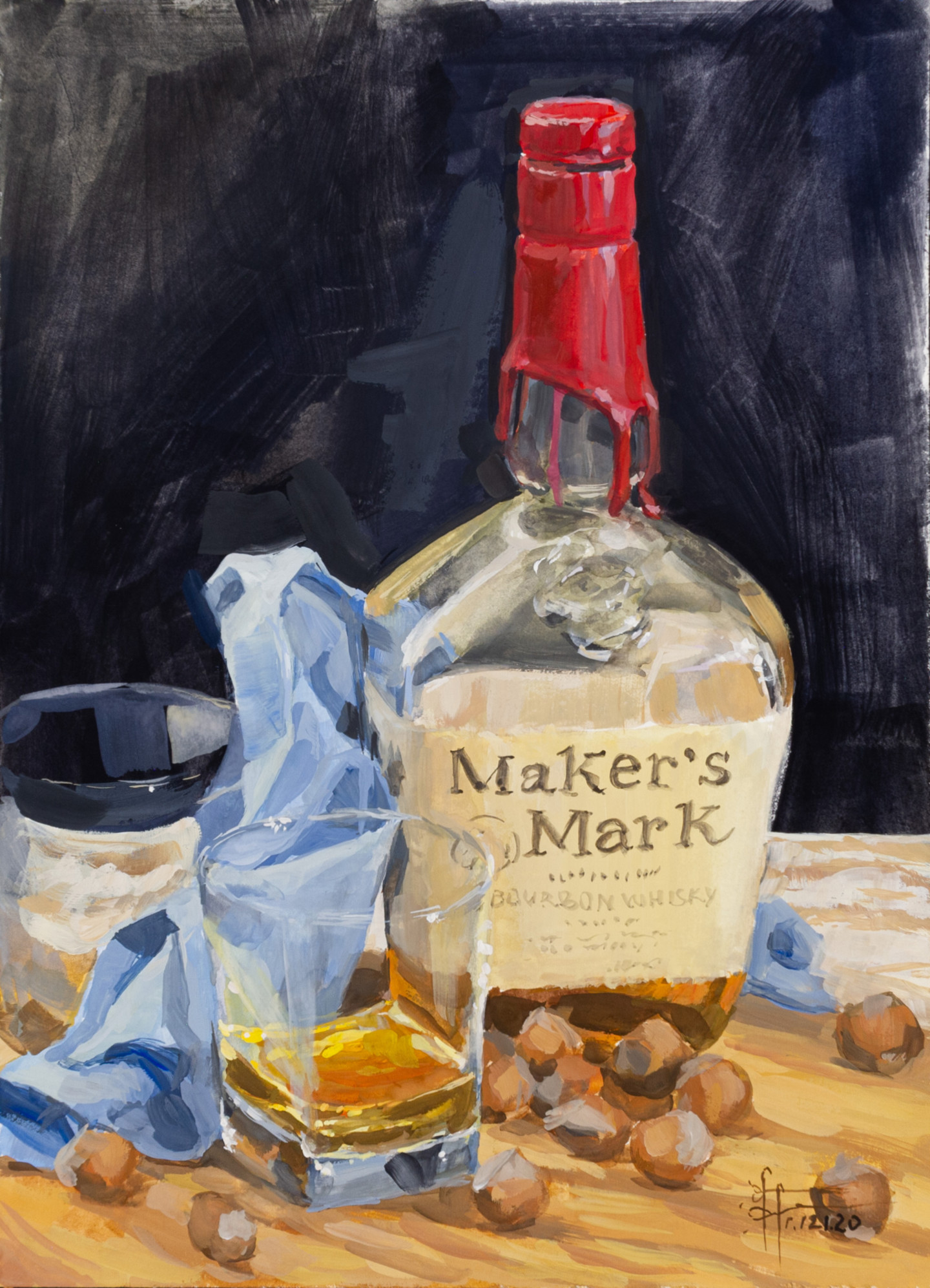 miniature artwork. Food and drink painting Oil still life Whiskey and Lime