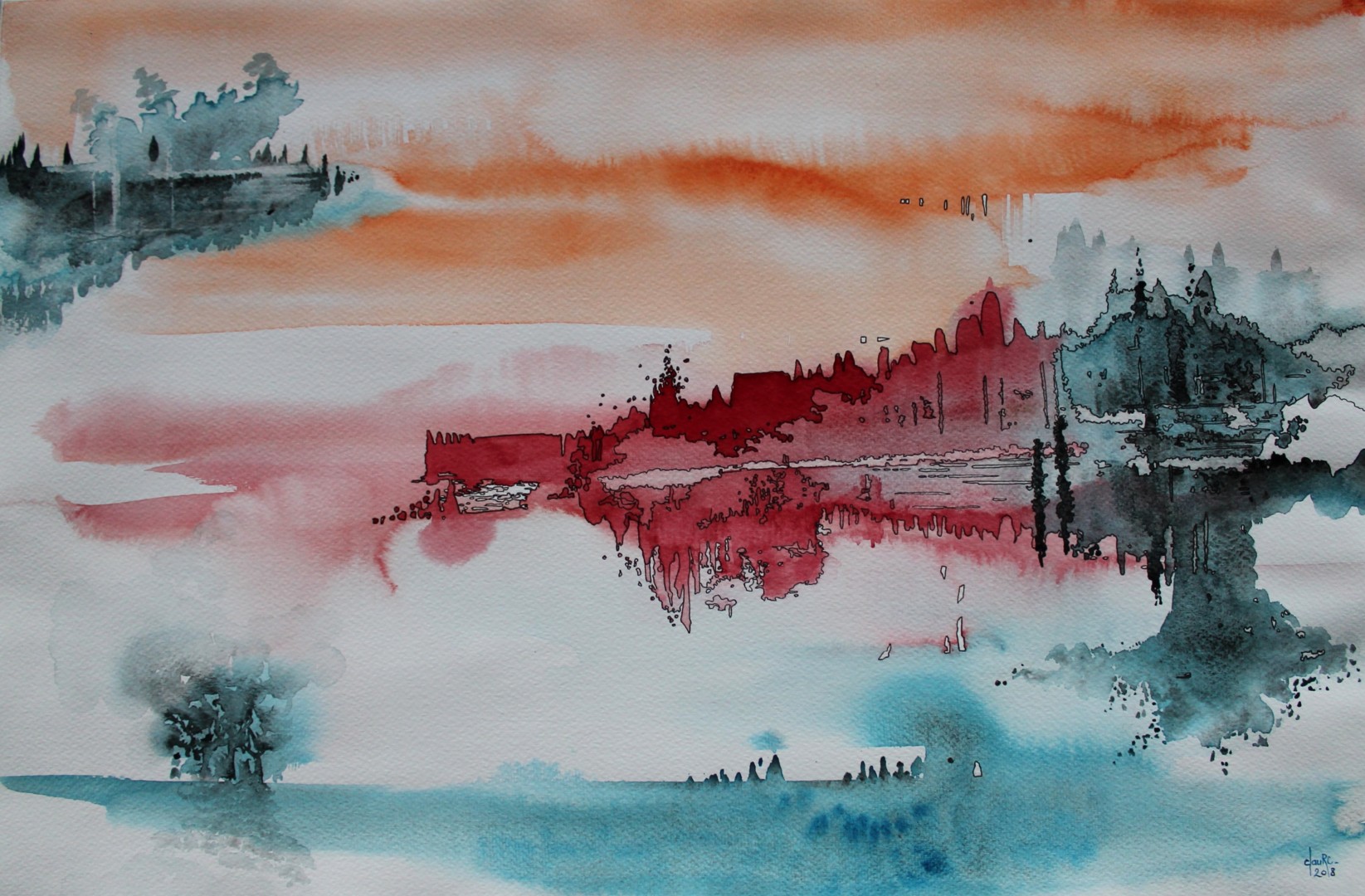 Ombre et lumière paysage aquarelle cernée 50x70cm Peinture par Clau RedierClément Artmajeur