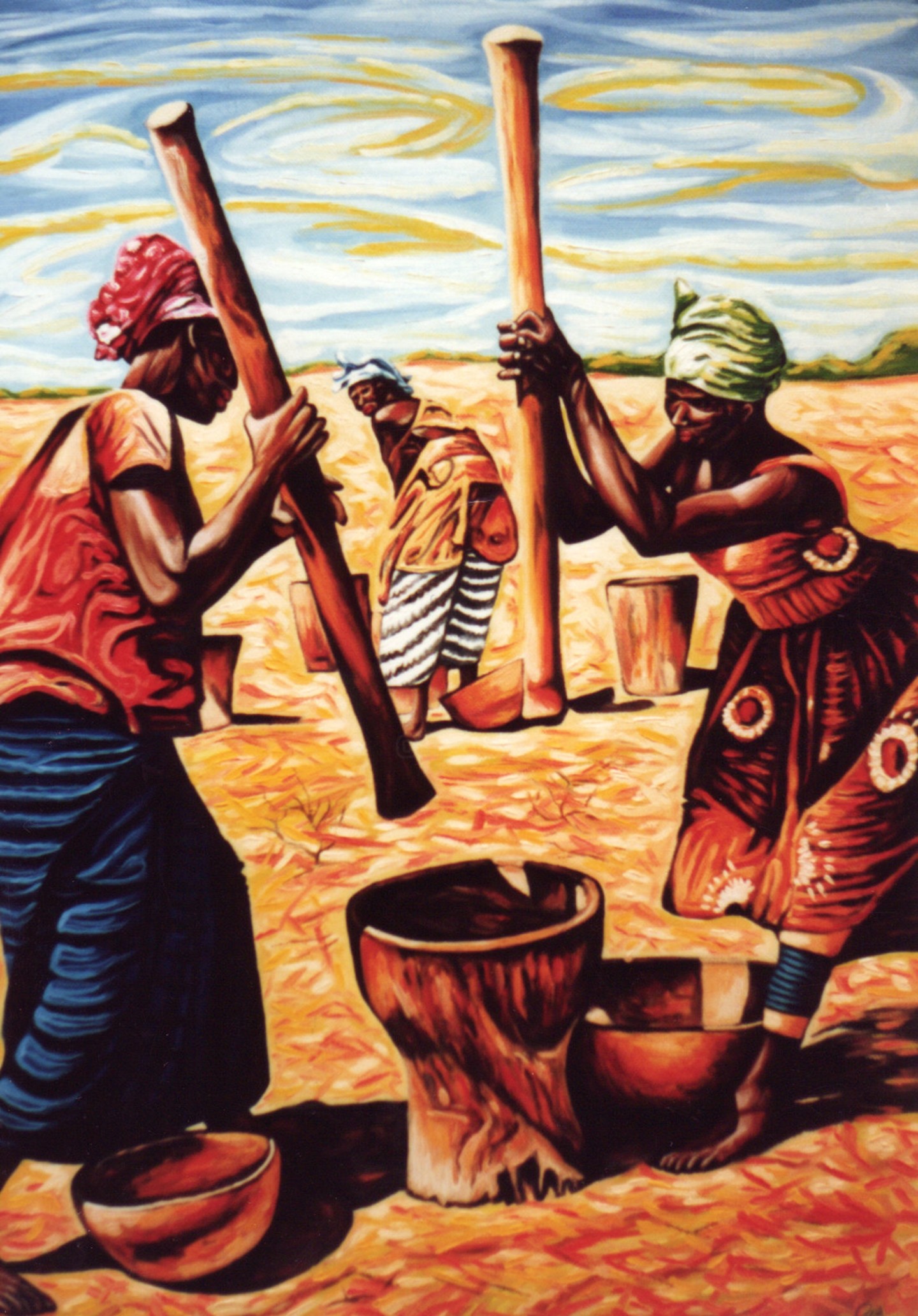 African Women Grinding Corn, Painting by Dan Civa | Artmajeur