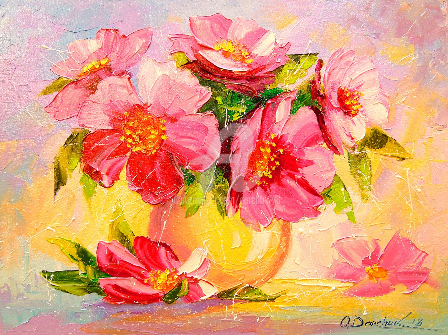 Still Life With Pink Flowers, Painting by Olha | Artmajeur