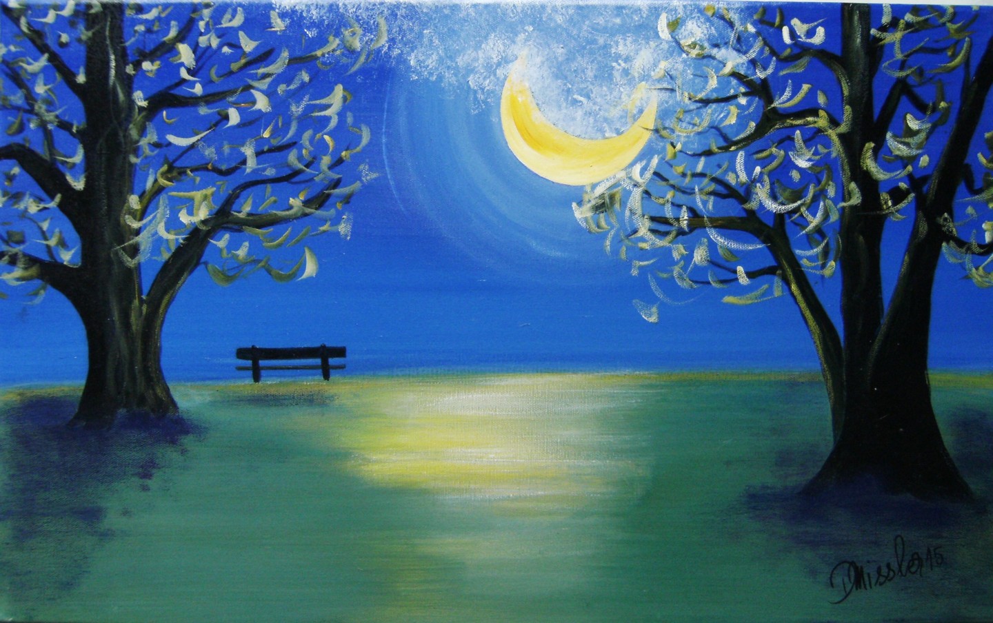 Le Banc Au Clair De Lune Painting By Dominique Missler Artmajeur