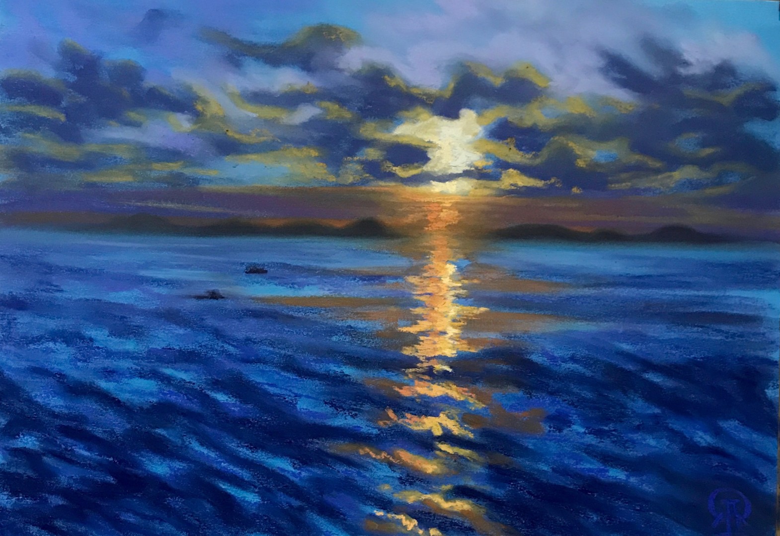 Закат на море пастелью рисунок