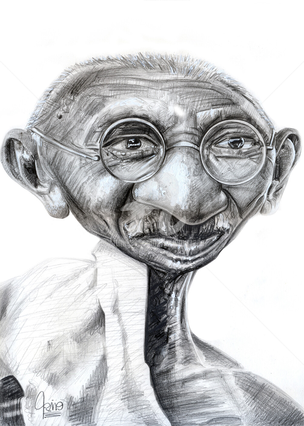 Gandhi, Drawing by Flávio Miranda | Artmajeur