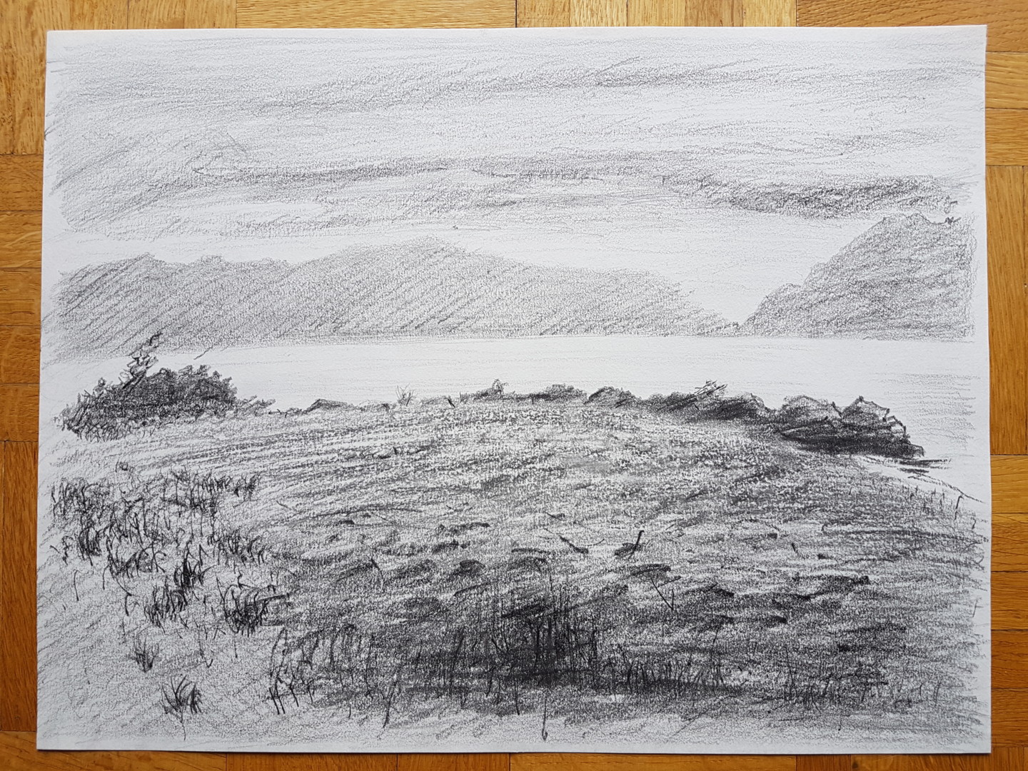 Lac de montagne Dessin en graphite original, Crayon, Papier, Type