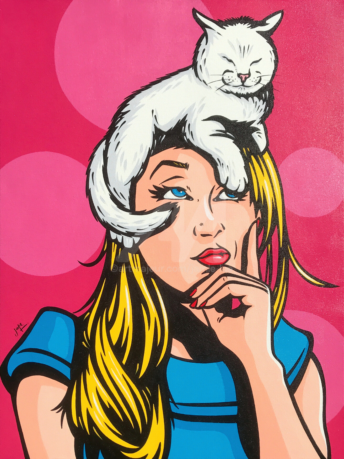 Cat On A Hot Blonde Head, Malerei von Jamie Lee Artmajeur