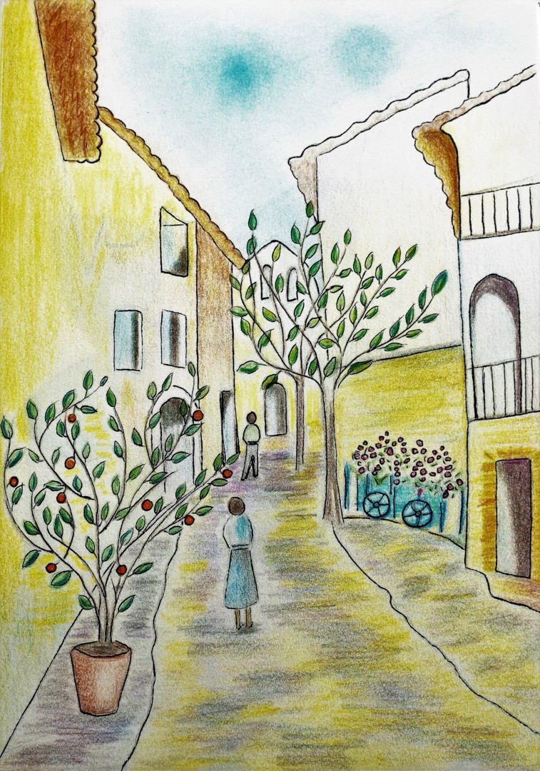 Calle De Pueblo Mediterráneo, Dibujo por Joannfineart | Artmajeur