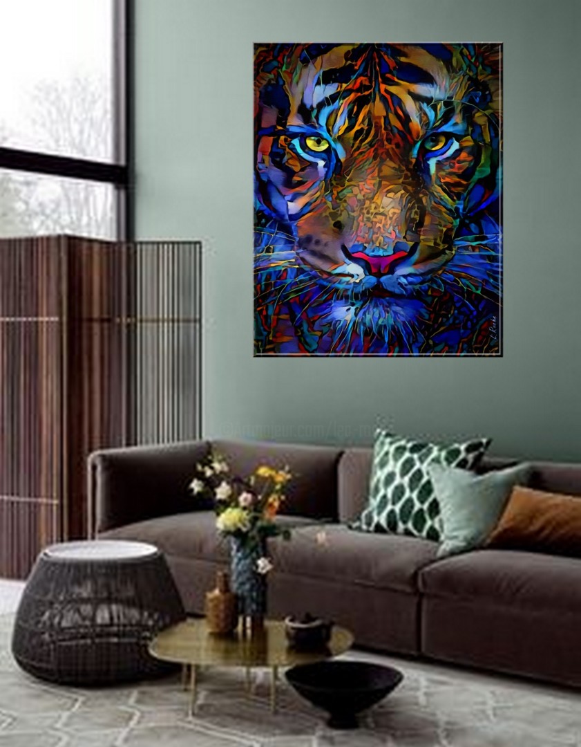 Tigre Azul - Acrylic/Inks/ Panel - 70X55, Painting by L.Roche | Artmajeur