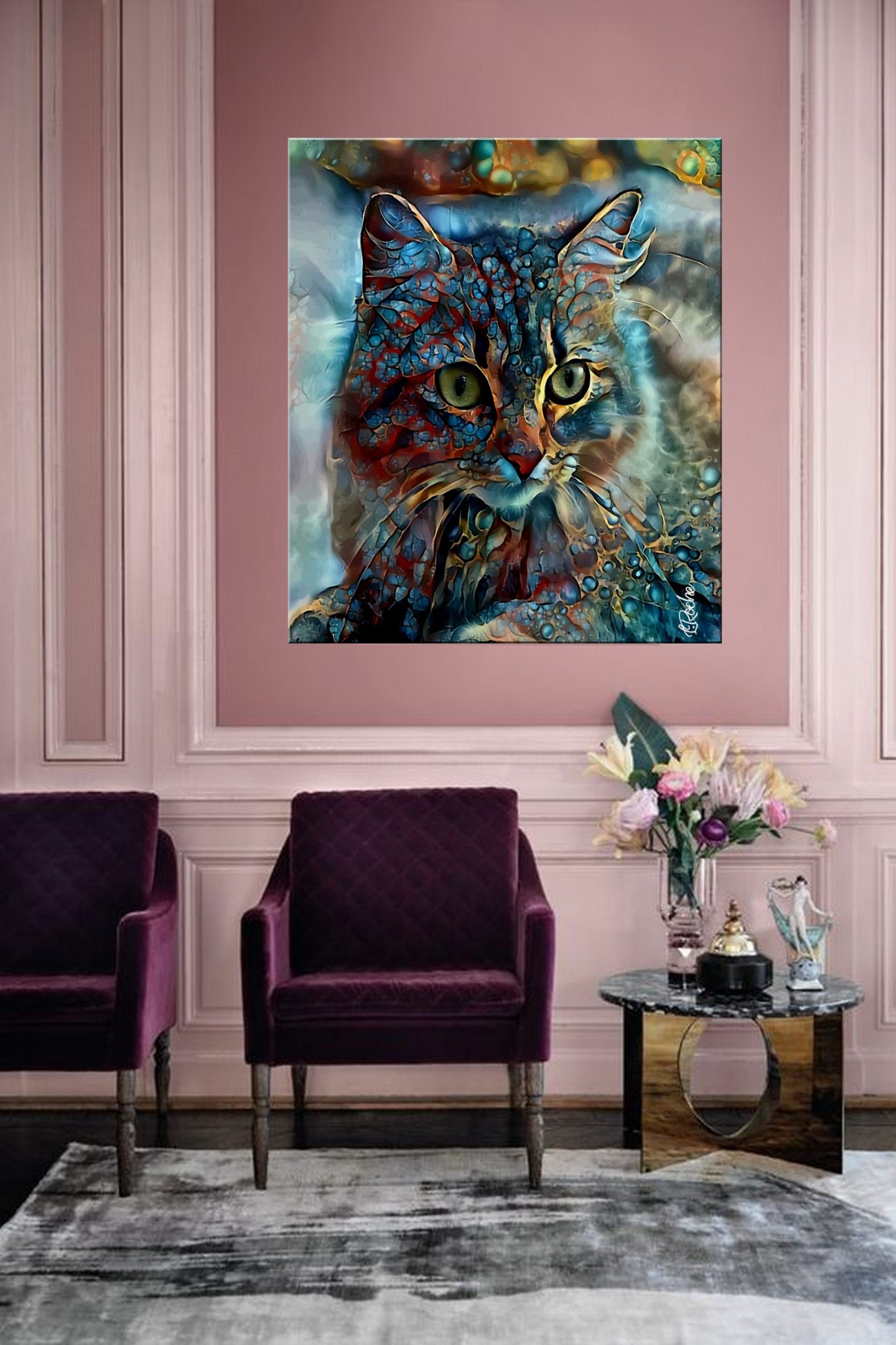 Moon Cat - Mix Media On Panel - 70 X 65 , Painting by L.Roche | Artmajeur