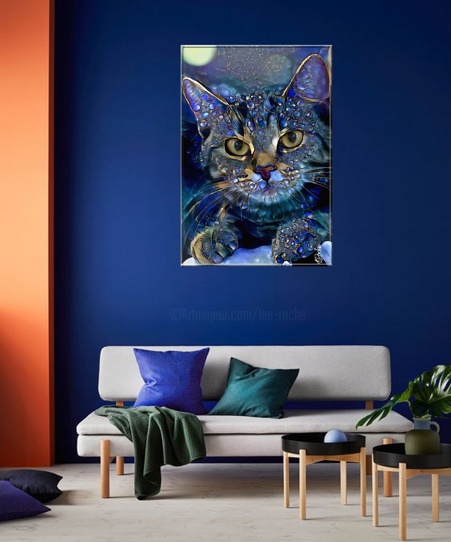 Nuit Saphir, Cat, Mix Media, 70X48 Cm - , Painting by L.Roche | Artmajeur