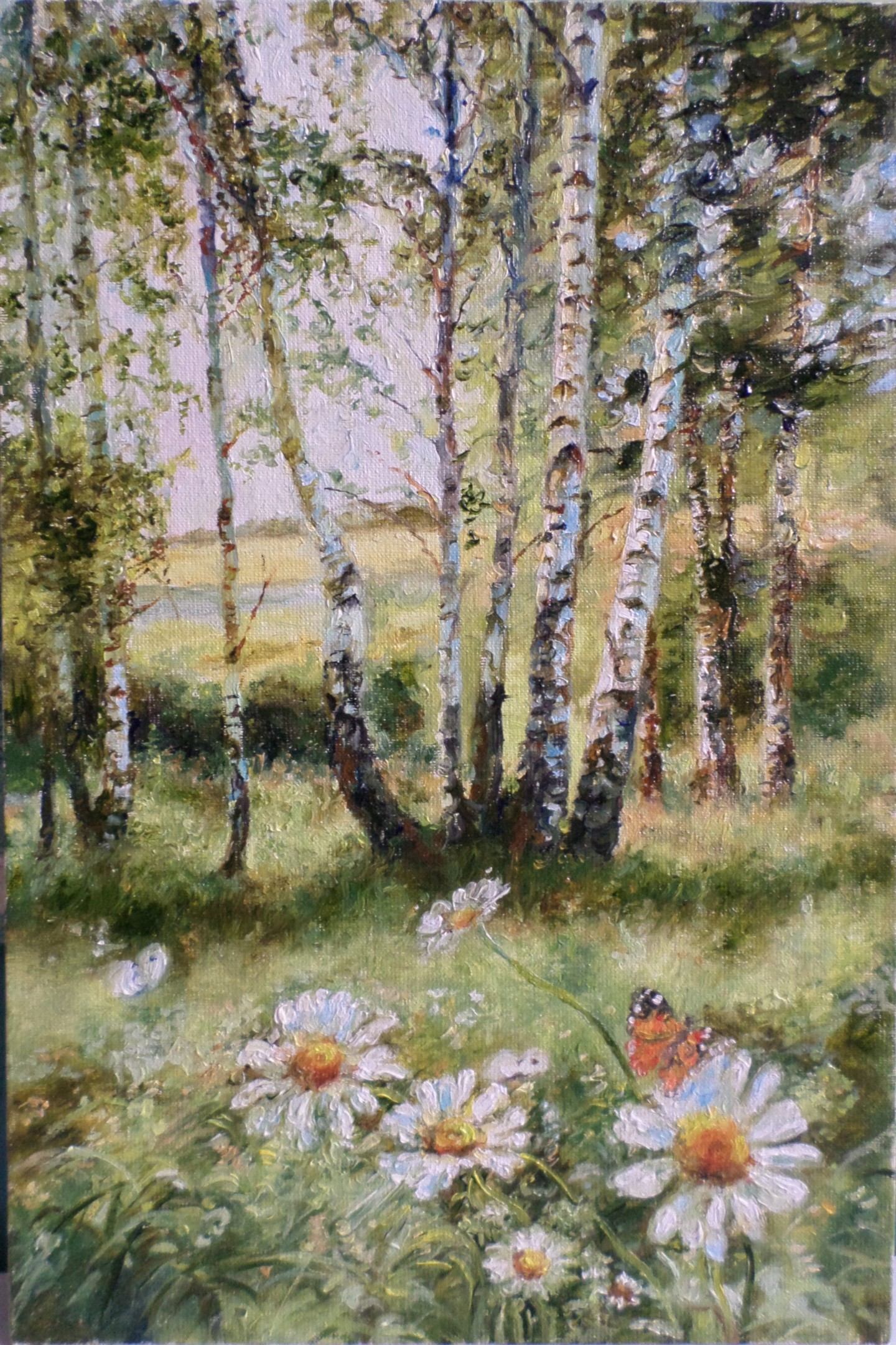 Картины с березами и ромашками