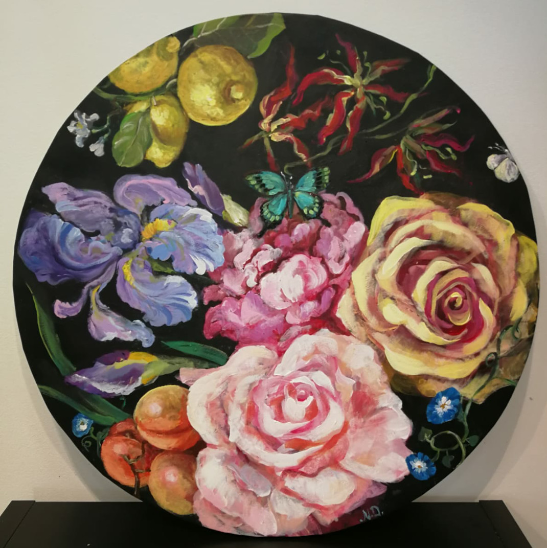 Round floral painting.