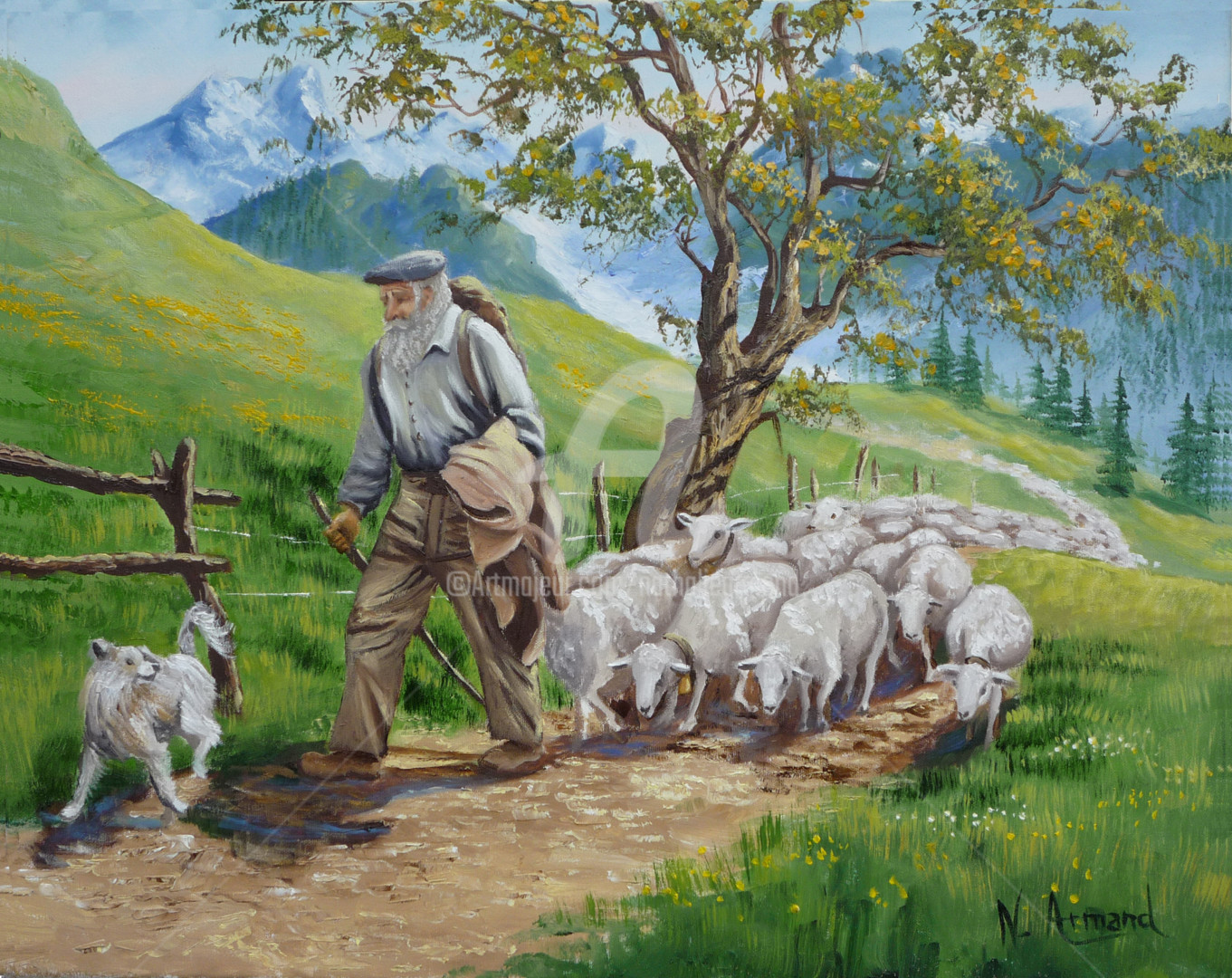 Berger Horloge murale sur toile 30x30 Peinture villageois arbres moutons berger 