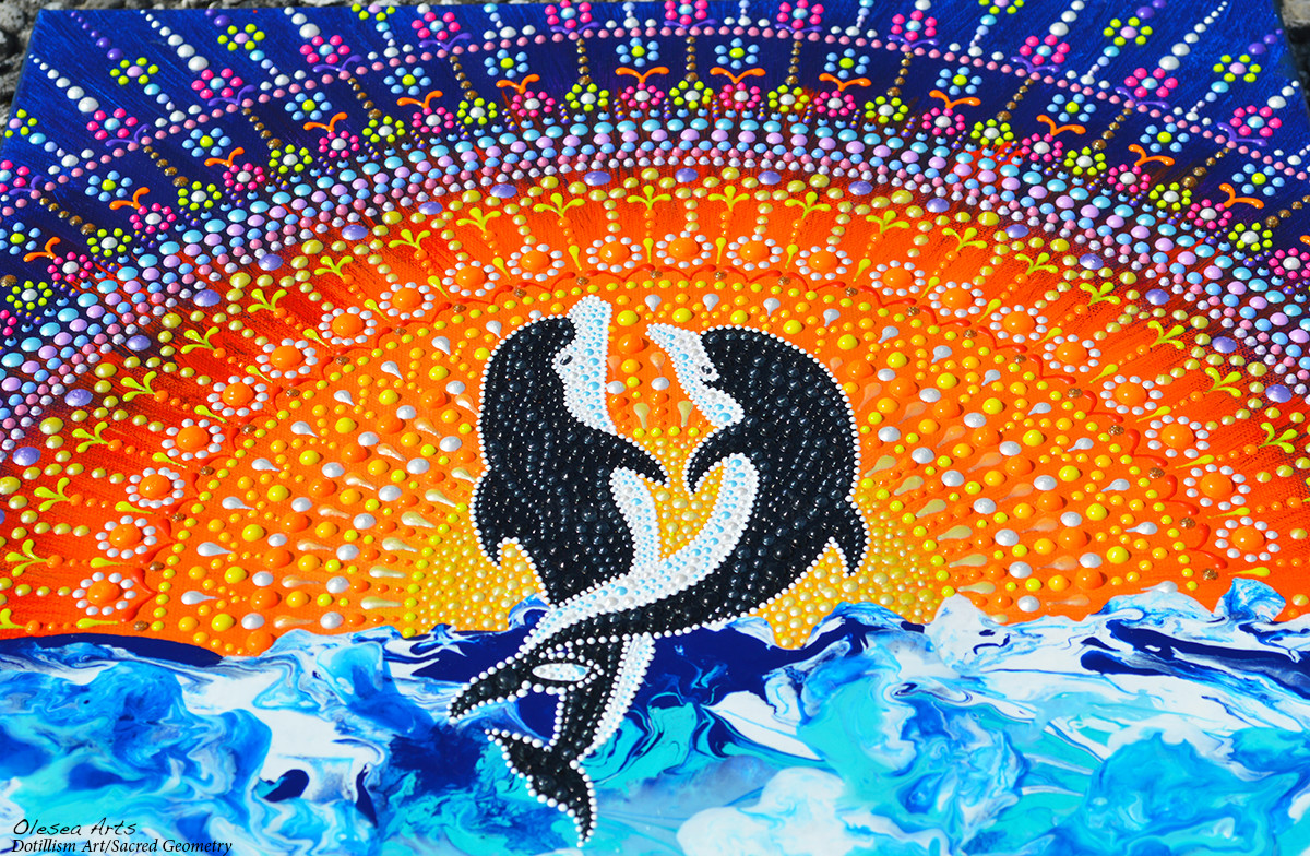 Dolphins Couple Dot Painting Dolphinit, Painting by Olesea Arts