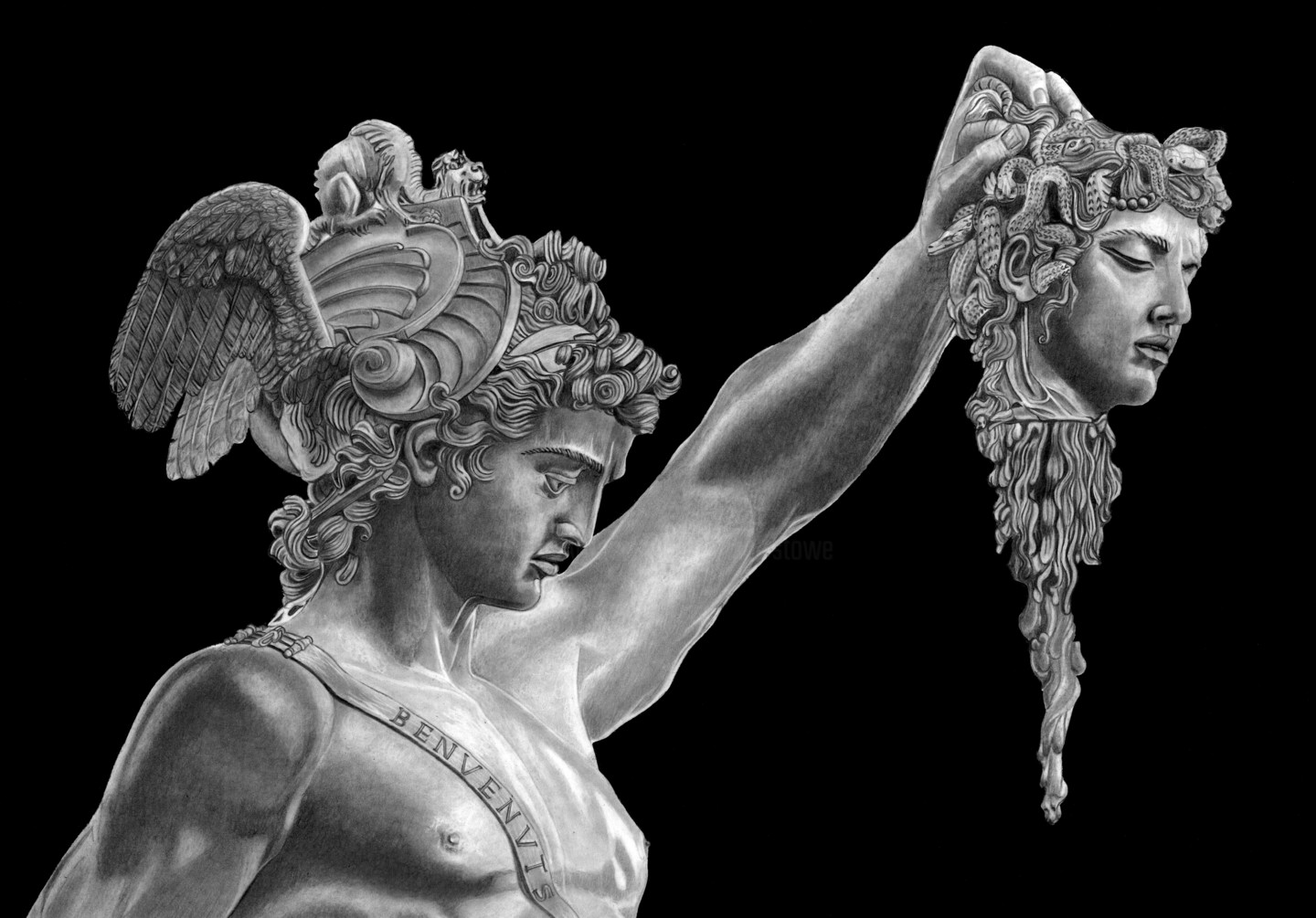 Drawing, medusa, cellini, perseus, florence, sculpture, italy, greek mythol...