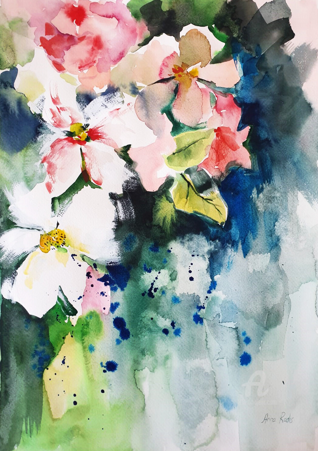 Living Room Abstract Art Original Watercolor Painting not a print Flowers Colorful