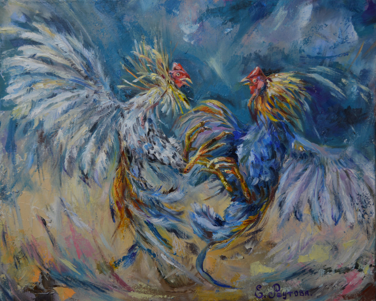 A Bright Strong Duel Of Fighting Rooster, Painting by Elena Reutova Artmaje...