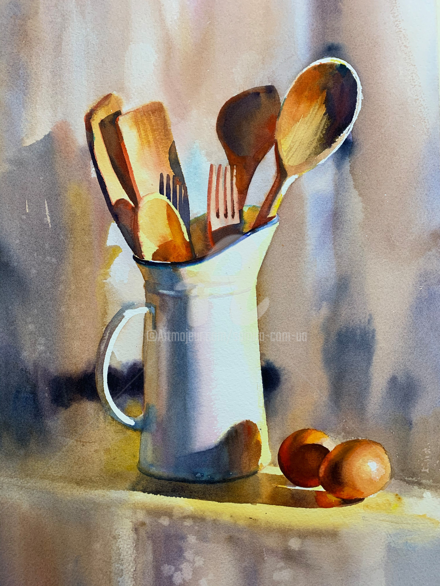 Still Life Jug With Wooden Spoons, Painting by Samira Yanushkova