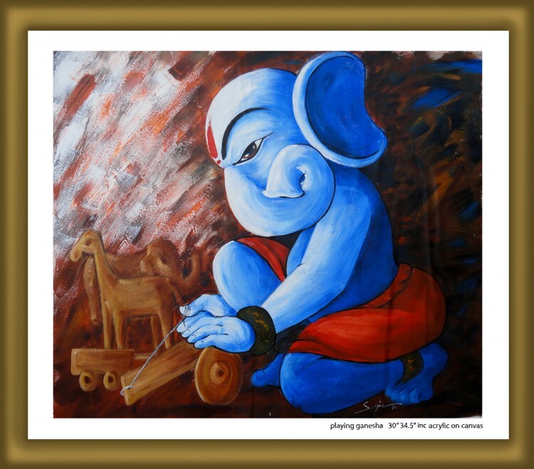 Playing Ganesha, Painting by Sanjay Kumar | Artmajeur
