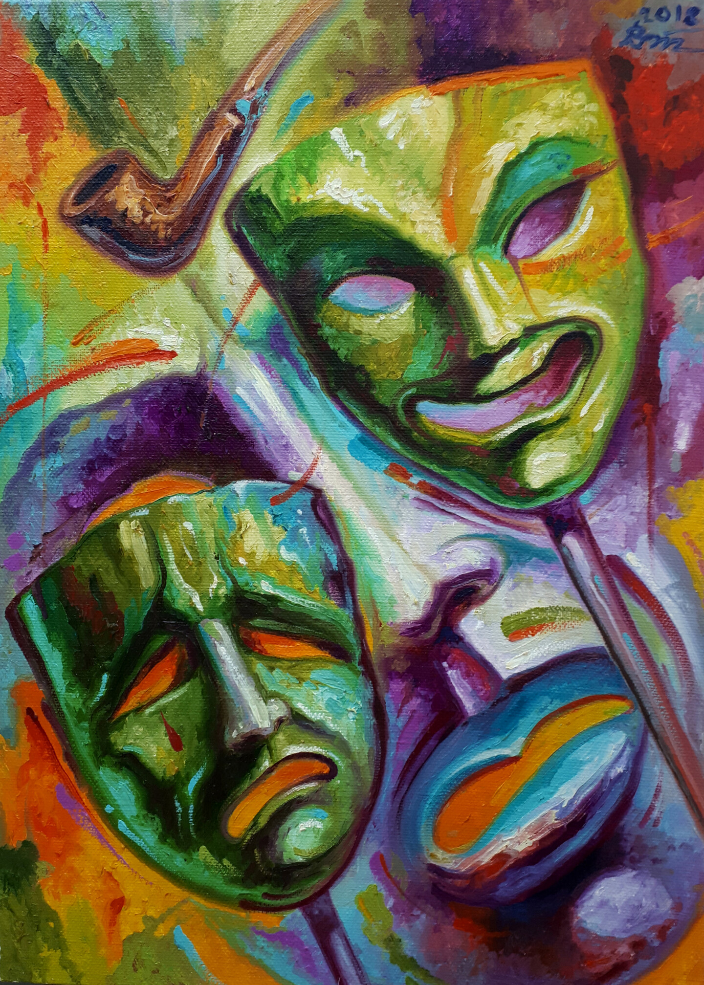 Theater Masks, Painting by Serhii Voichenko Artmajeur