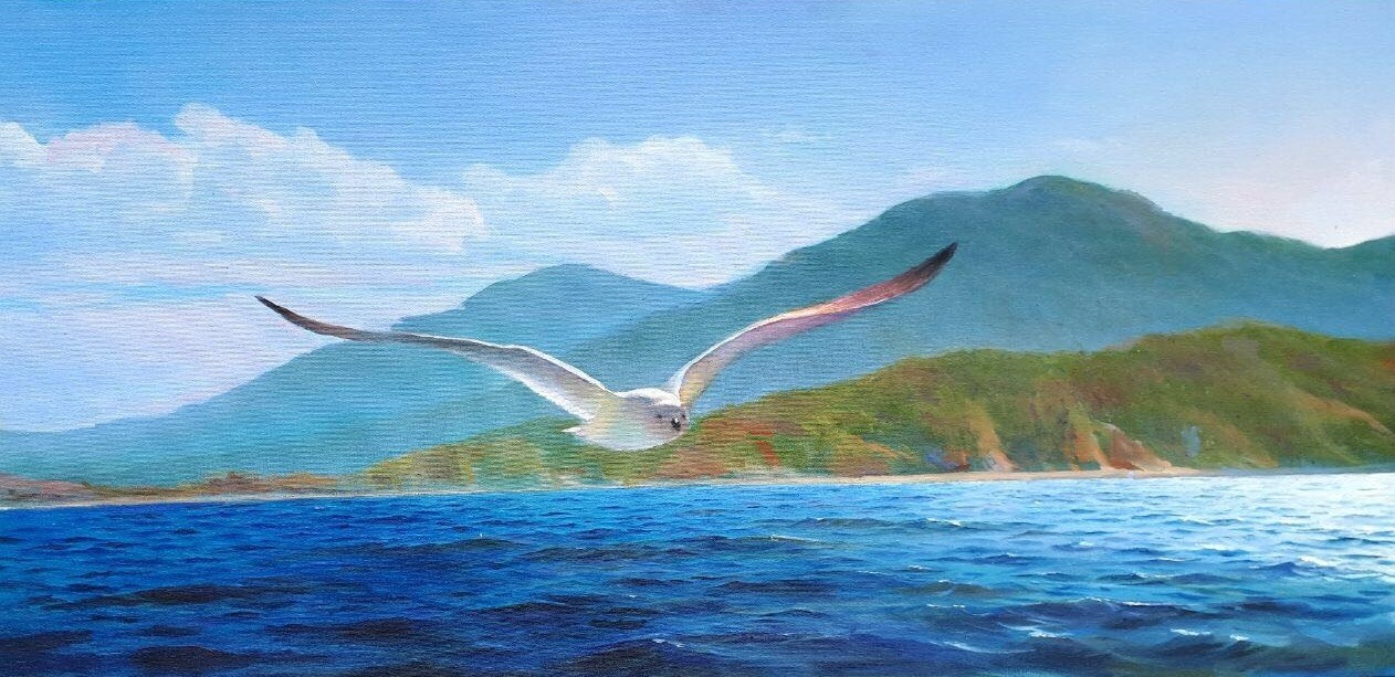 Нарисовать чаек летающих над морем