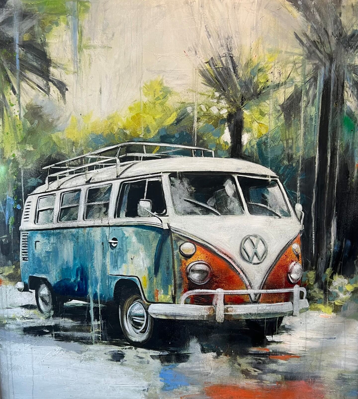 Vw Bus Oil Painting, Painting by Yasemen Asad Artmajeur