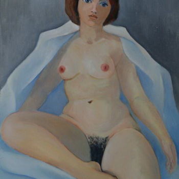 Schilderij getiteld "Mujer en azul manto." door Valerii Klenov, Origineel Kunstwerk, Olie
