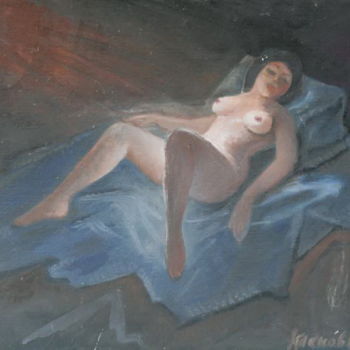 Painting titled "a-woman-in-a-dimly-…" by Valerii Klenov, Original Artwork, Oil