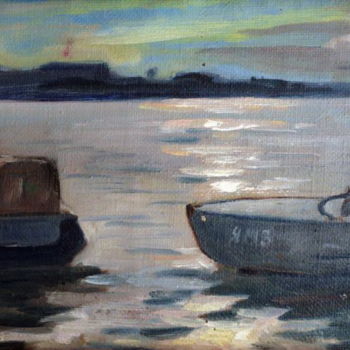 Pittura intitolato "Evening-on-river-Vo…" da Valerii Klenov, Opera d'arte originale, Olio