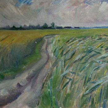 Painting titled "the-road-in-a-field" by Valerii Klenov, Original Artwork, Oil