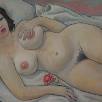 Malerei mit dem Titel "A woman with a rose…" von Valerii Klenov, Original-Kunstwerk, Öl