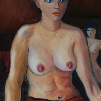 Schilderij getiteld "Sitting on a brown…" door Valerii Klenov, Origineel Kunstwerk, Olie