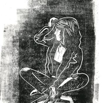 Impressões e gravuras intitulada "Girl on the grass" por Victor Shefer, Obras de arte originais, Linoleogravura