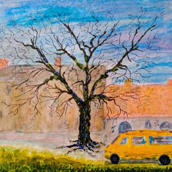 Pintura intitulada "Yellow bus and tree" por Victor Shefer, Obras de arte originais, Acrílico
