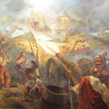 绘画 标题为“The siege of Zhvane…” 由Andrey Serebryakov, 原创艺术品, 油 安装在木质担架架上
