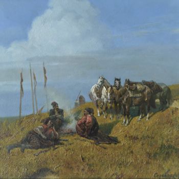 Картина под названием "Halt. Cossack era." - Andrey Serebryakov, Подлинное произведение искусства, Масло