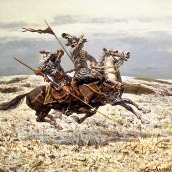 Pittura intitolato "Duel. Winter. Cossa…" da Andrey Serebryakov, Opera d'arte originale, Olio