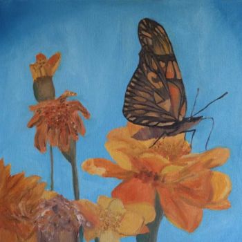 Pintura intitulada "Borboleta monarca e…" por Camila Barros, Obras de arte originais, Óleo