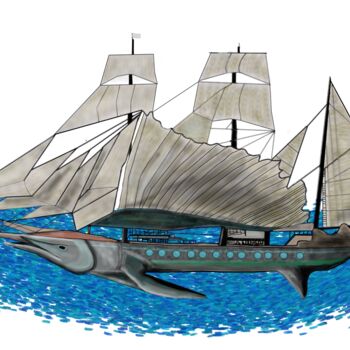 Digital Arts titled "Merlin Fish-Sailboat" by 3dcursordesigner, Original Artwork, Digital Painting