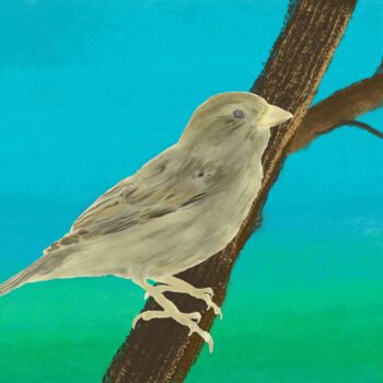 Digital Arts titled "Sparrow on the tree…" by 3dcursordesigner, Original Artwork, Digital Painting